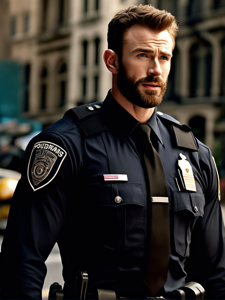 hairy Chris Evans wearing leather cop uniform