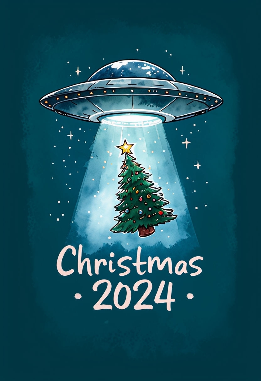 Whimsical Christmas Tree Abduction by UFO Illustration Card