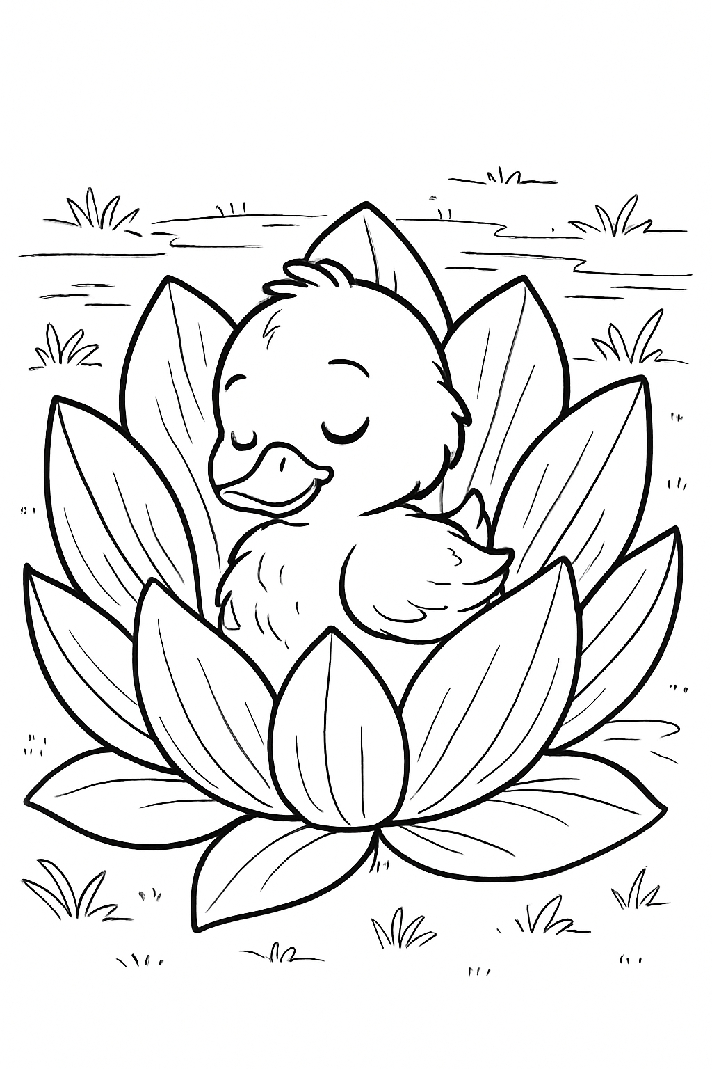 Cute Cartoon Duckling Nestled in Lotus Flowers Coloring Book Pages