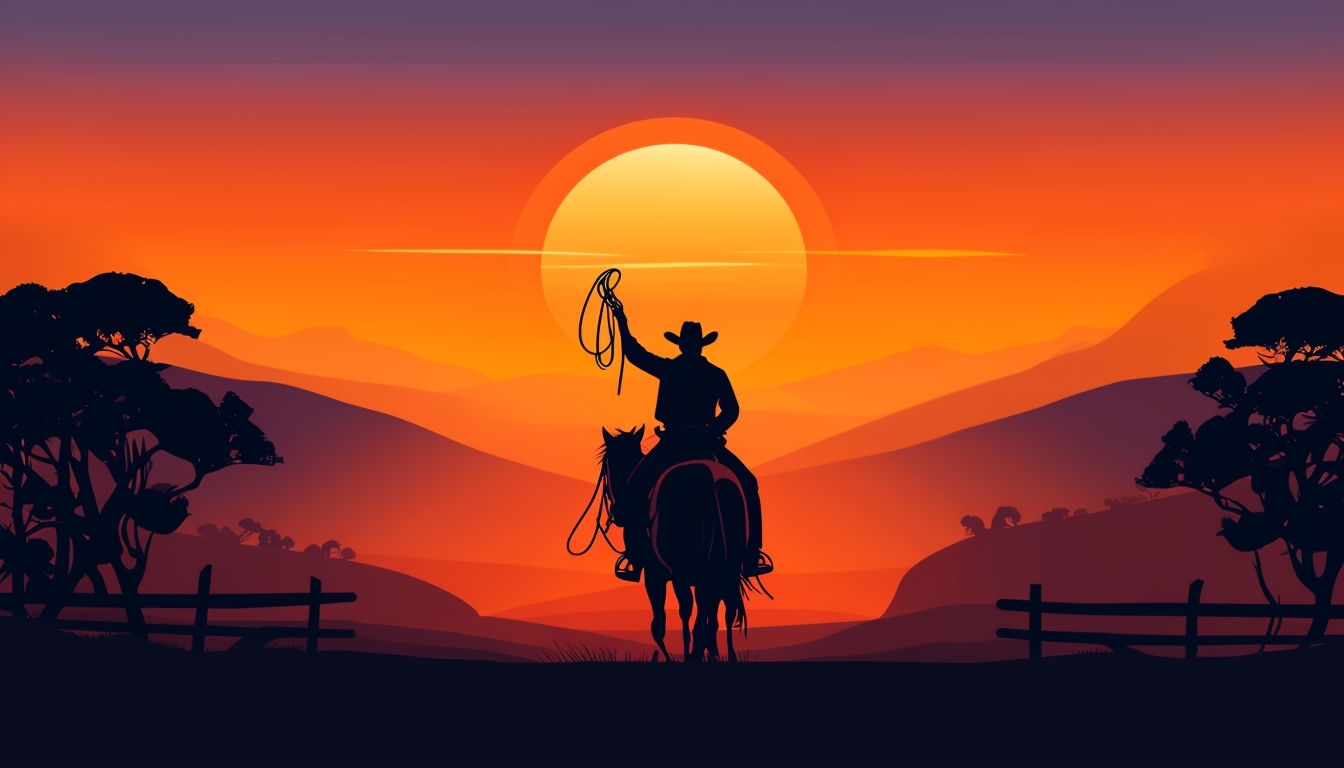 Vibrant Cowboy Silhouette at Sunset Vector Art Background