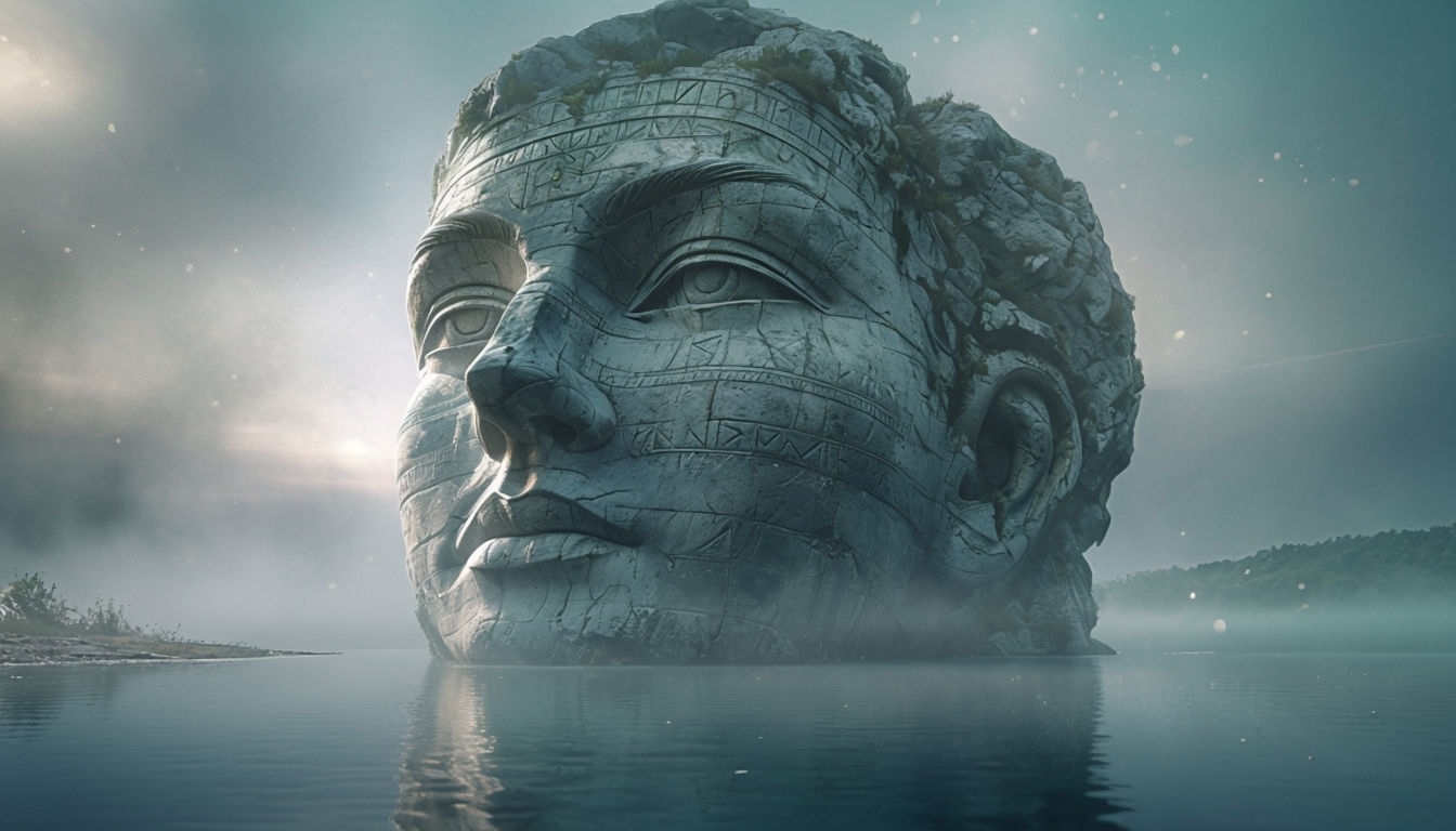 Ethereal Ancient Stone Head Virtual Background for Tranquil Spaces