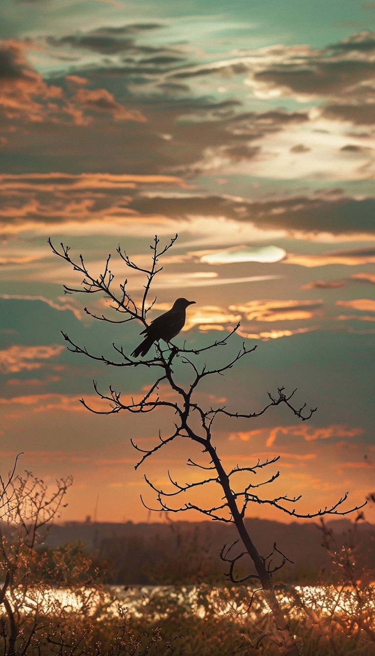 Serene Sunset with Silhouetted Bird on Branch Mobile Wallpaper