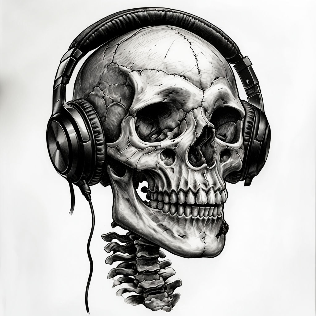 Detailed Black and White Skull with Headphones Art