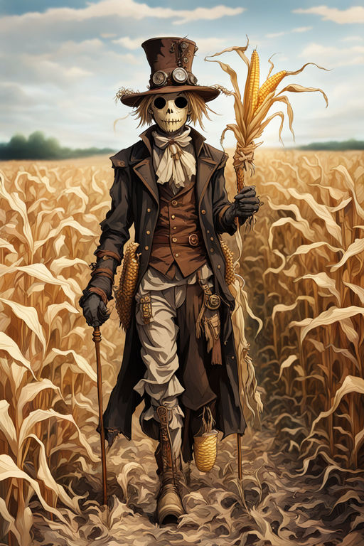 A scarecrow in steampunk outfit wandering in a cornfield wit... by Hans ...