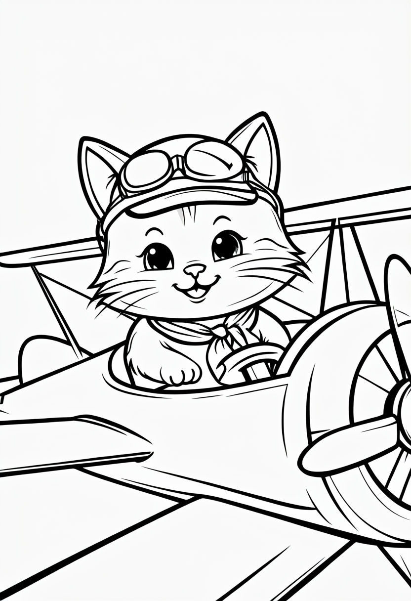 Friendly Cat Pilot in Cockpit Simple Line Art Coloring Book Page