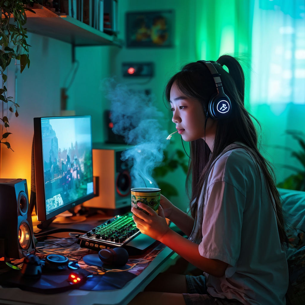 a photo of a hiperrealistic gamer girl cosplay straight into the frame