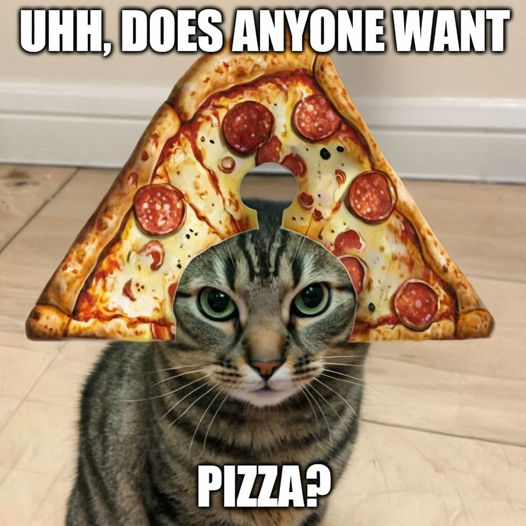 Humorous Tabby Cat in Pizza Slice Hat with Playful Text Meme