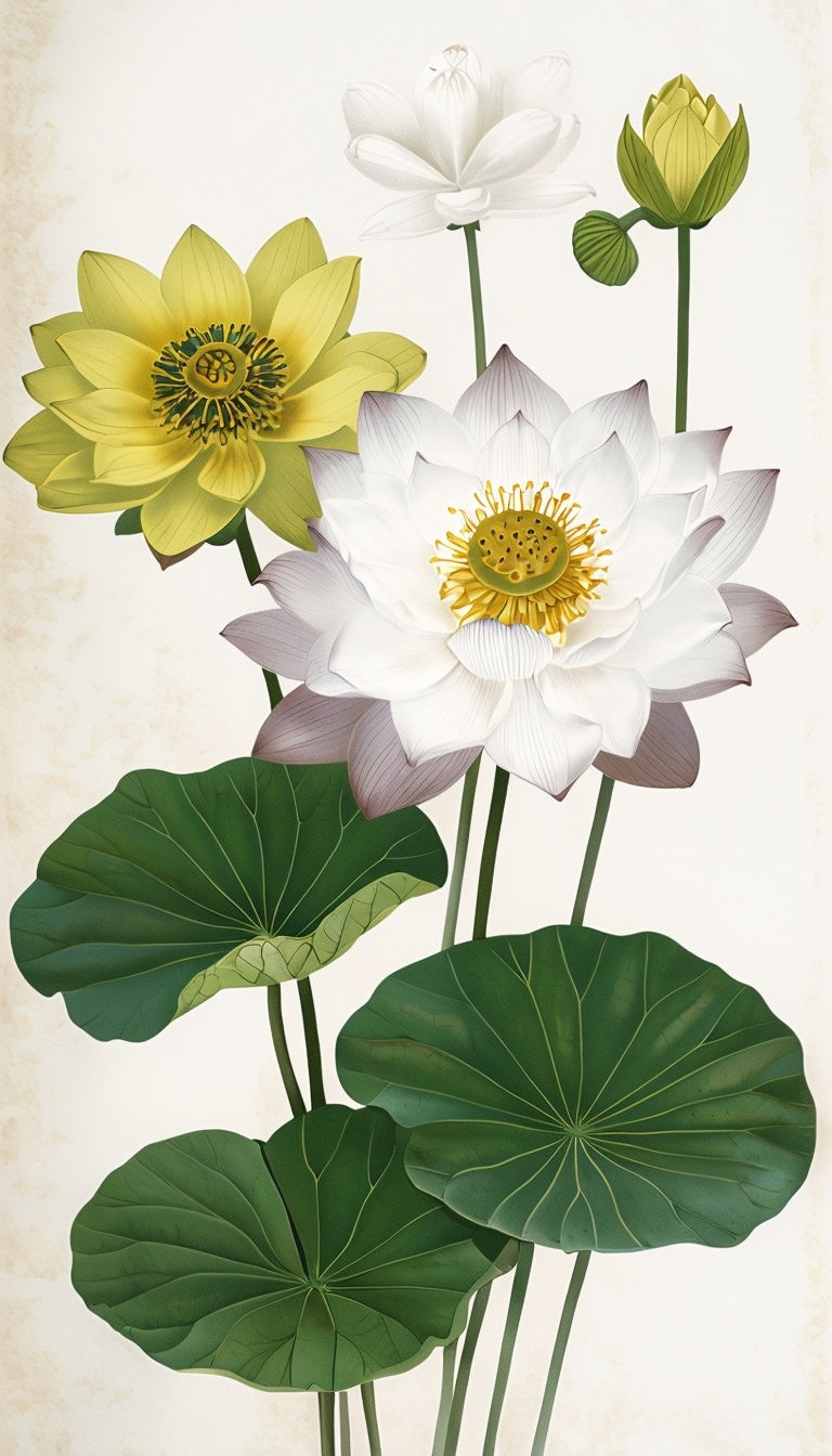 Vintage Botanical Water Lilies Illustration with Delicate Flowers Mobile Wallpaper