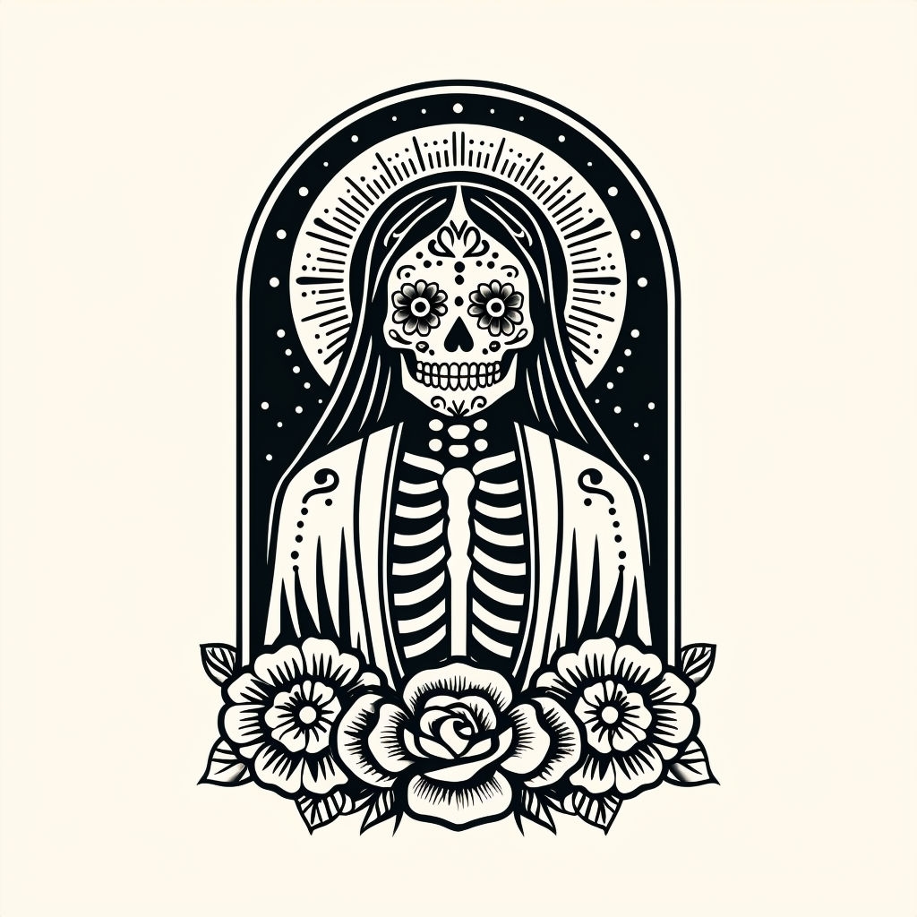 Monochromatic Day of the Dead Skeleton Tattoo Art Illustration