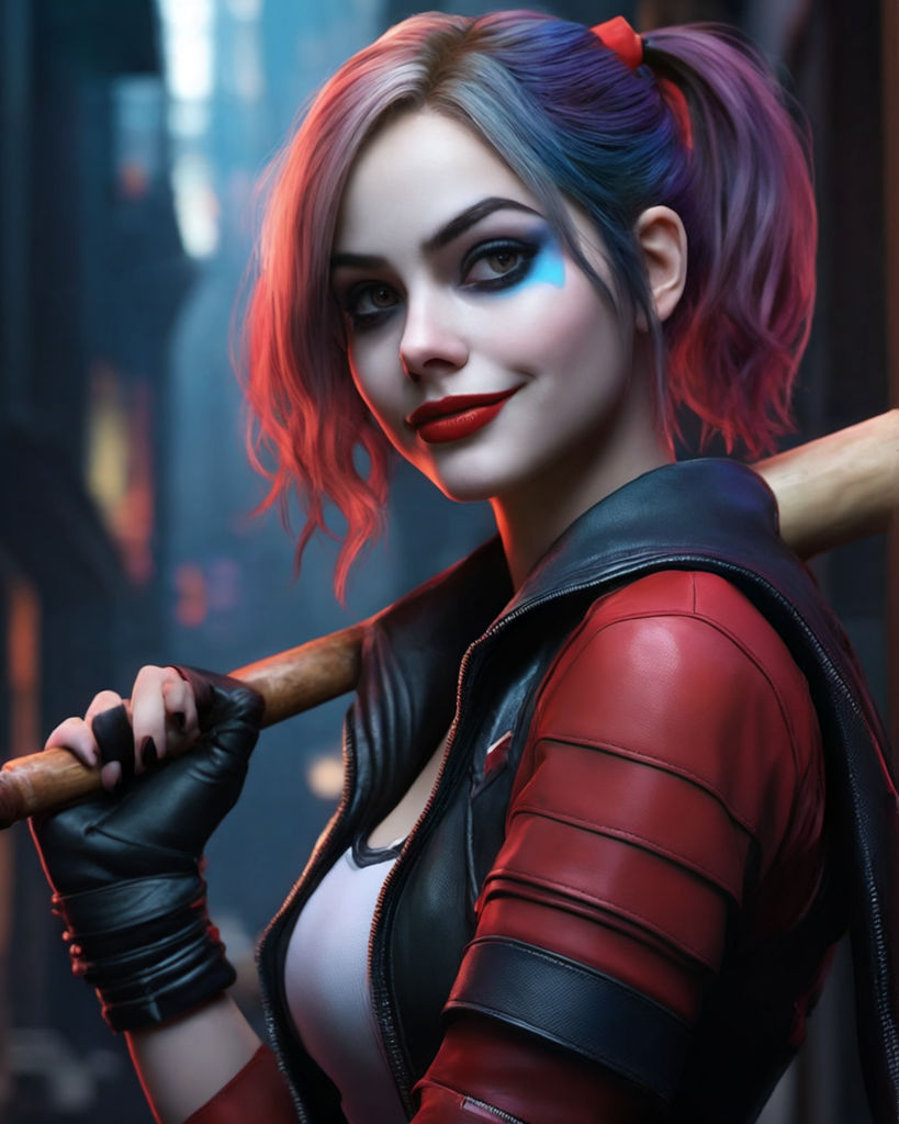 incredibly beautiful sexy harley quinn portrait in a tight bat costume on a  cave background