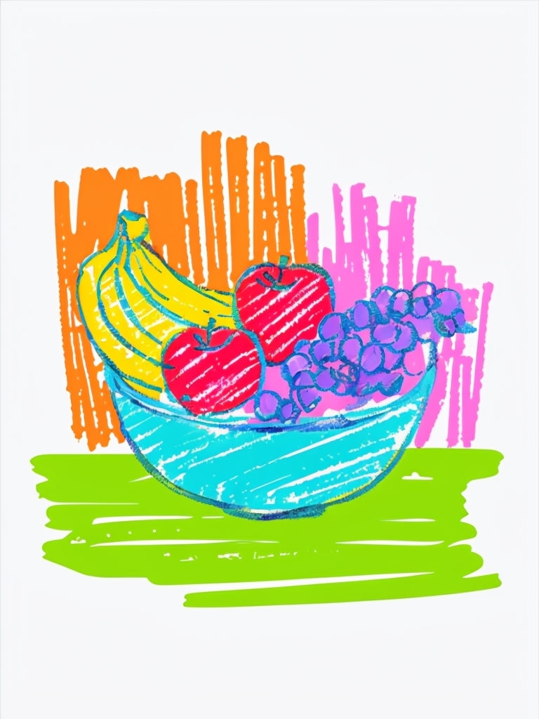 Vibrant Crayon Still-Life Fruit Bowl Art Print