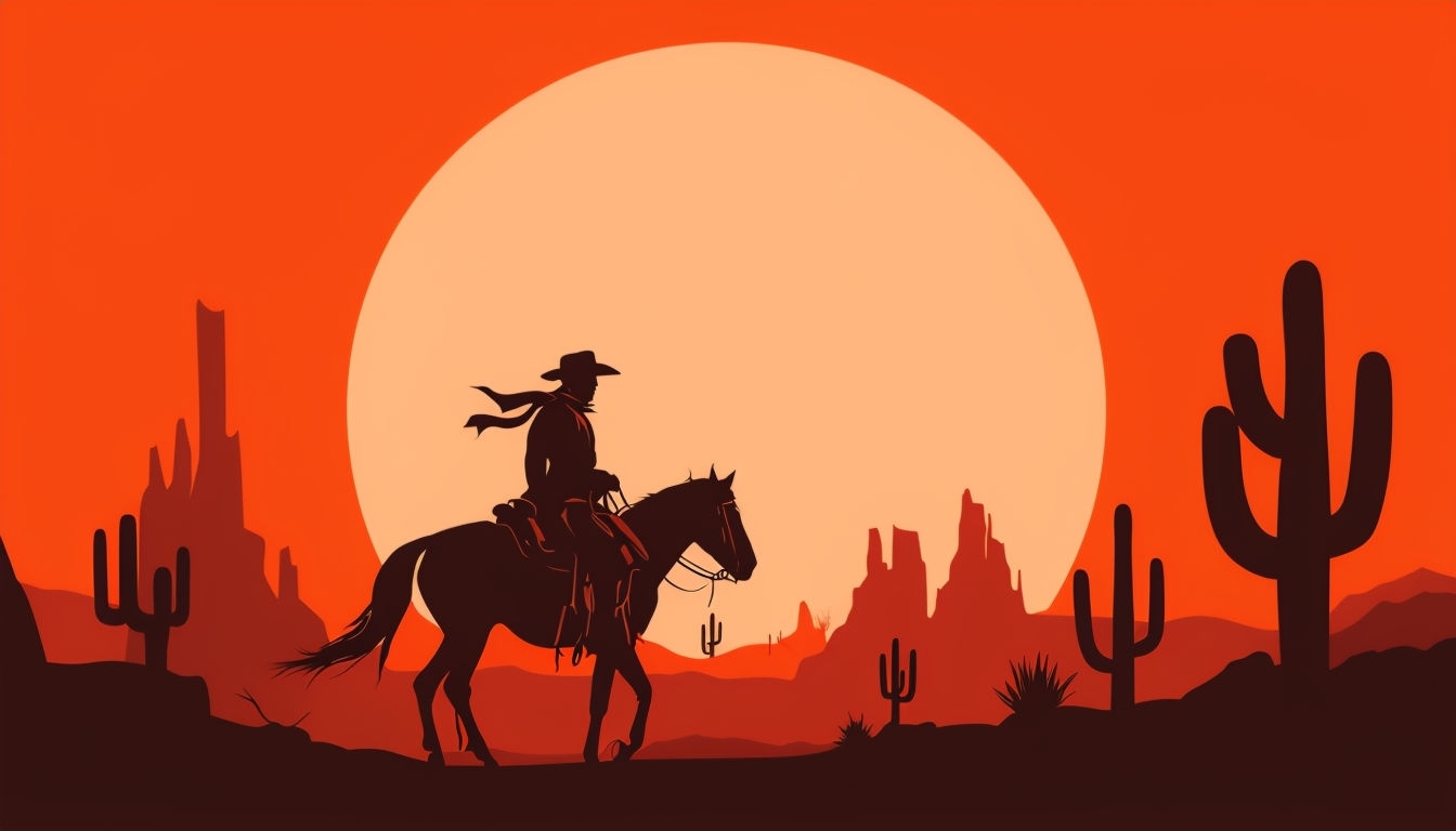 Dramatic Western Sunset Landscape with Cowboy and Cacti Virtual Backgrounds