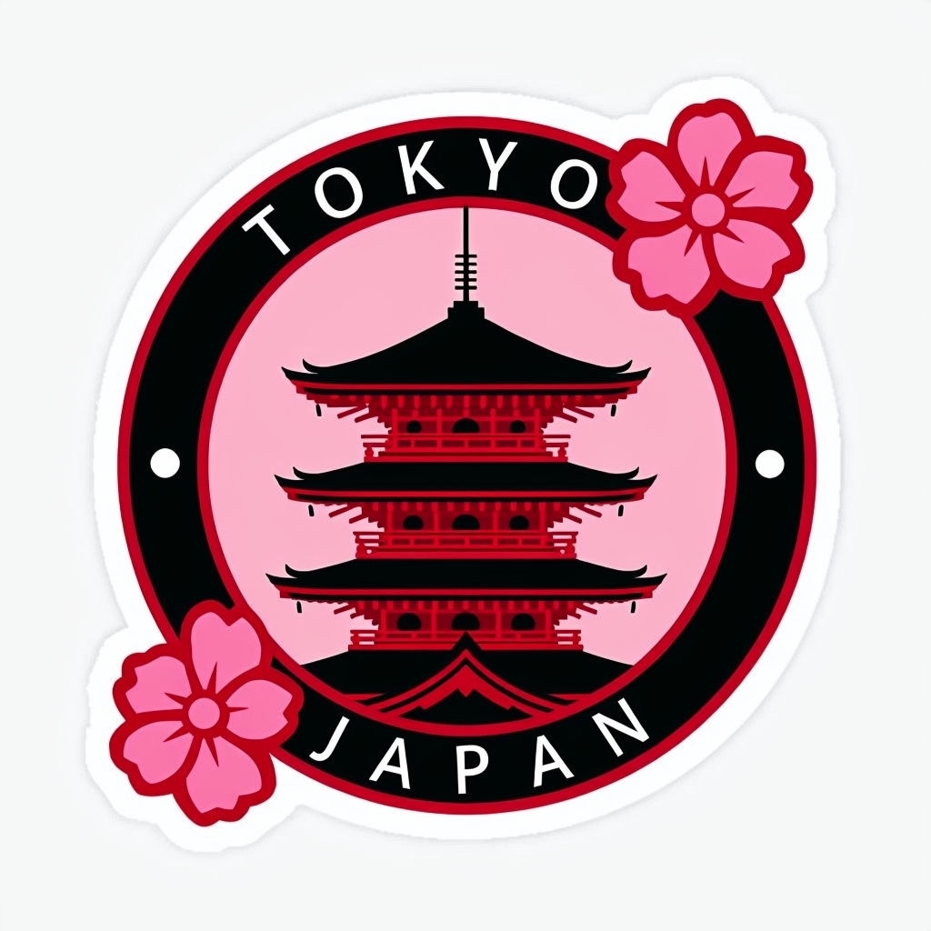 Crimson Red Japanese Pagoda with Cherry Blossoms Sticker