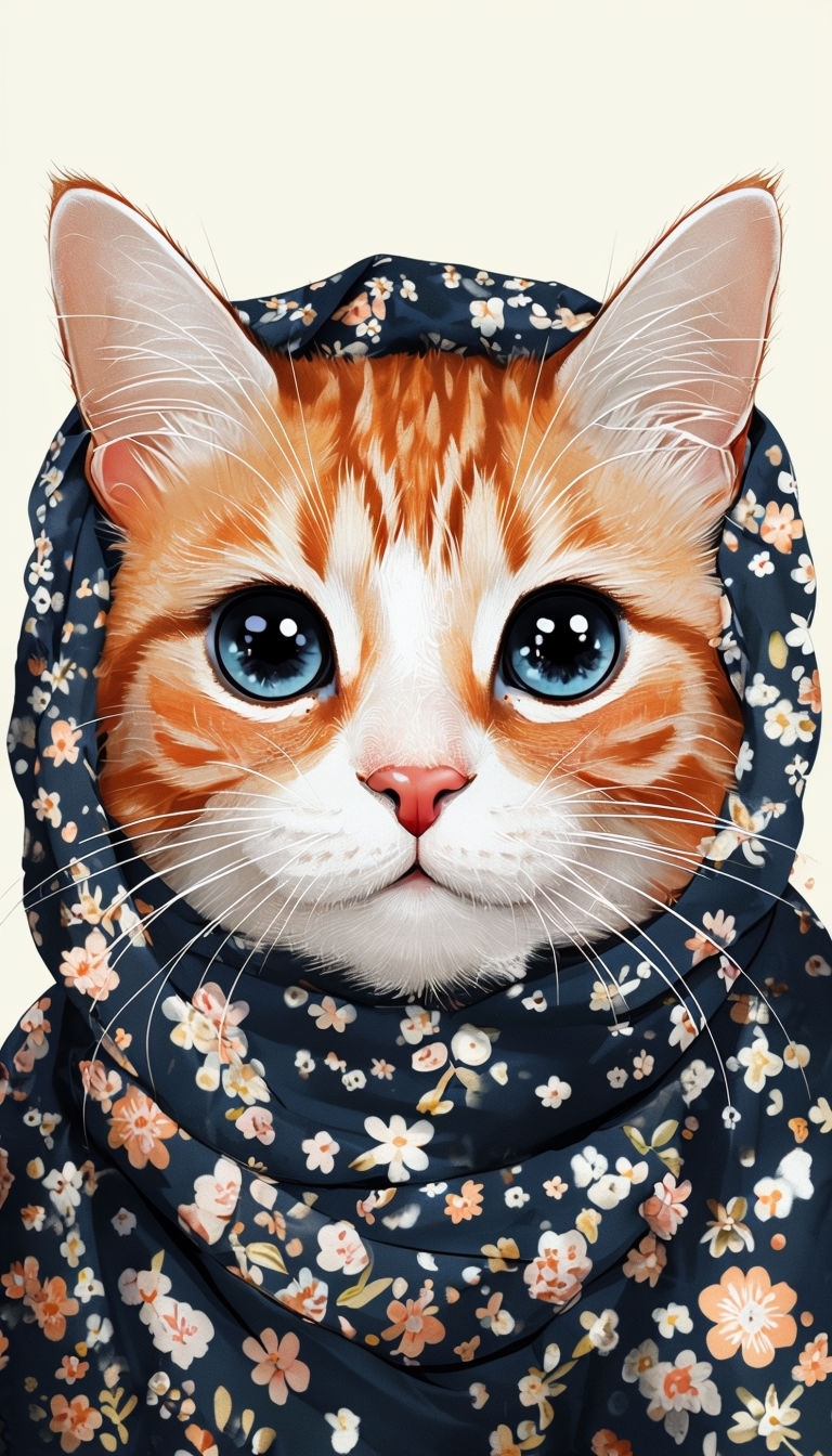 Cute Orange Tabby Cat with Floral Headscarf Digital Art Mobile Wallpaper
