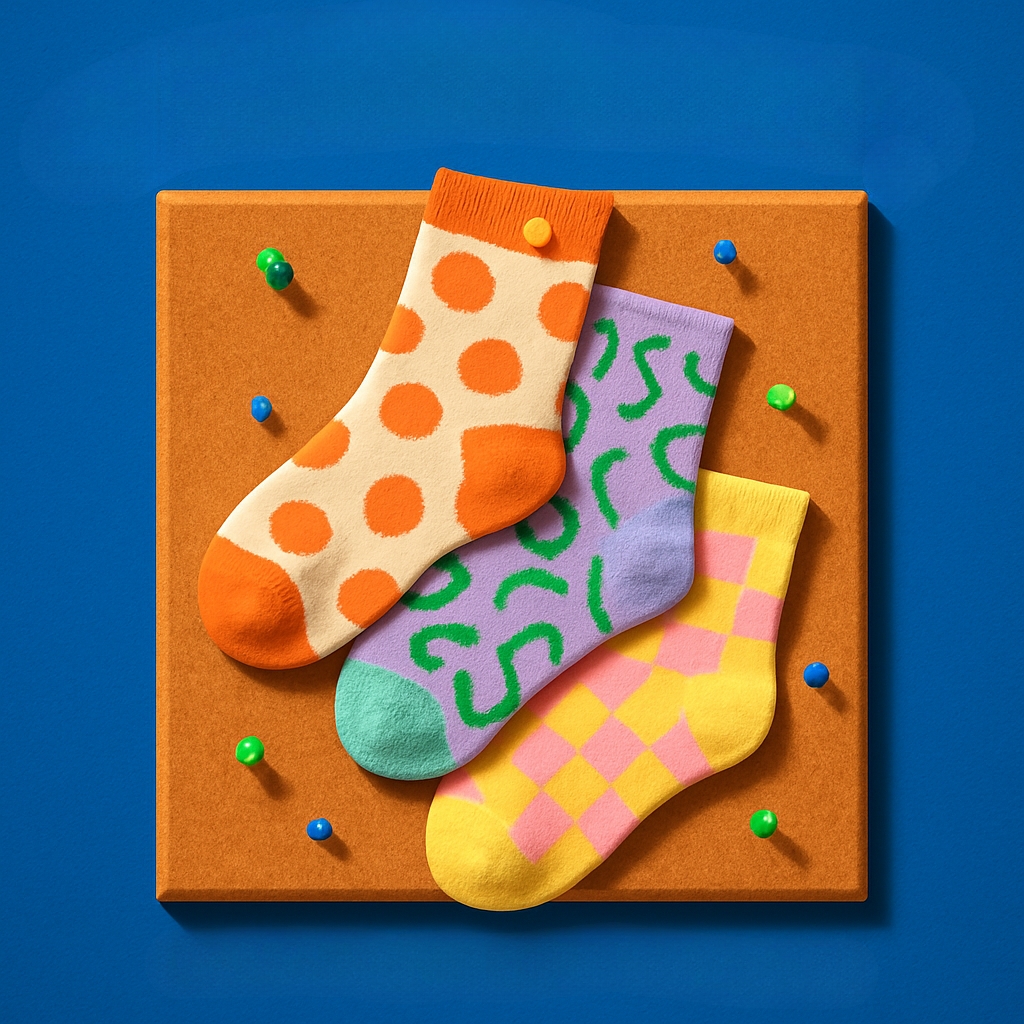 Colorful Playful Socks Arrangement on Corkboard Advertisement