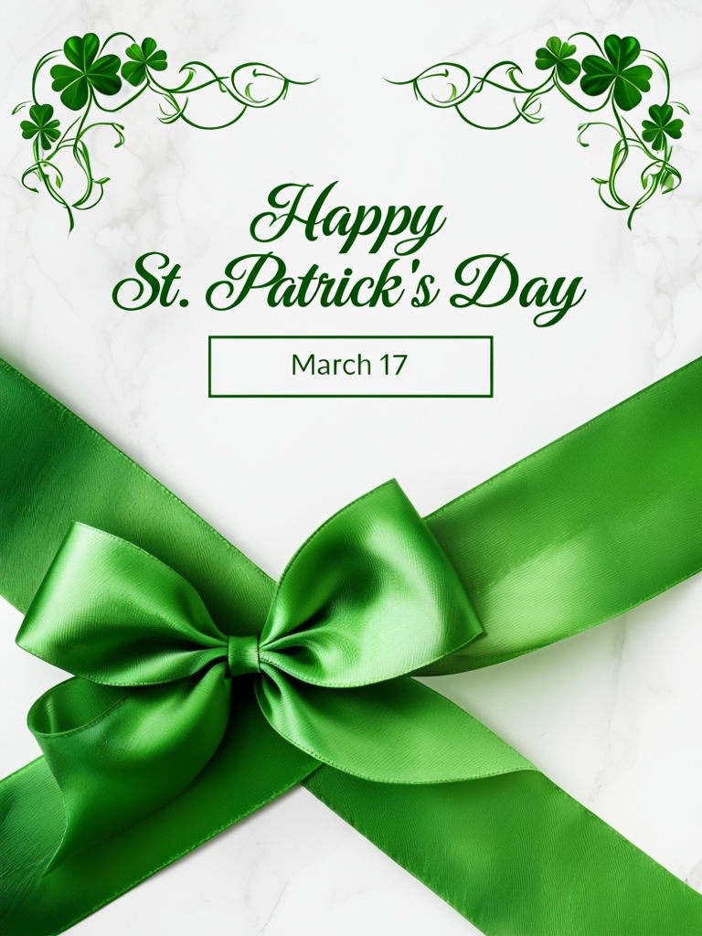 Elegant St. Patrick's Day Greeting Card with Ribbon and Shamrocks Design