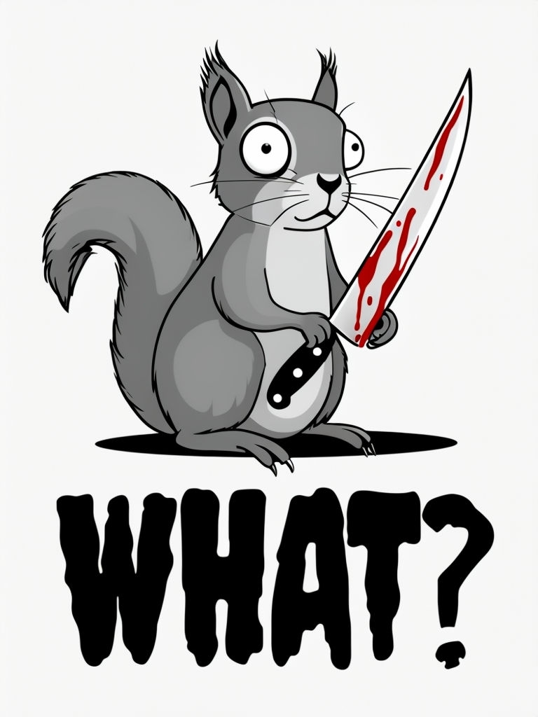 Surprised Gray Squirrel with Knife What? Cartoon T-Shirt