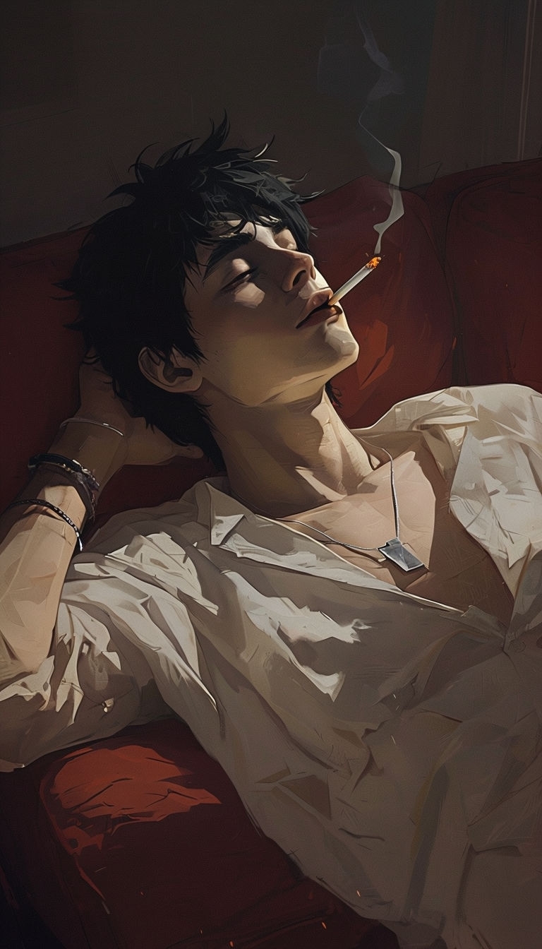 Contemplative Young Man Relaxing on Red Couch Digital Art