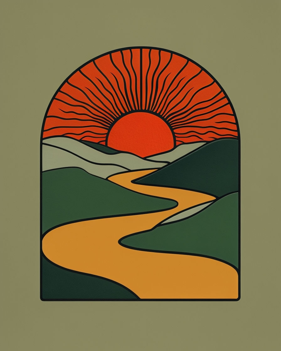 Vibrant River and Sun Retro Graphic T-Shirt