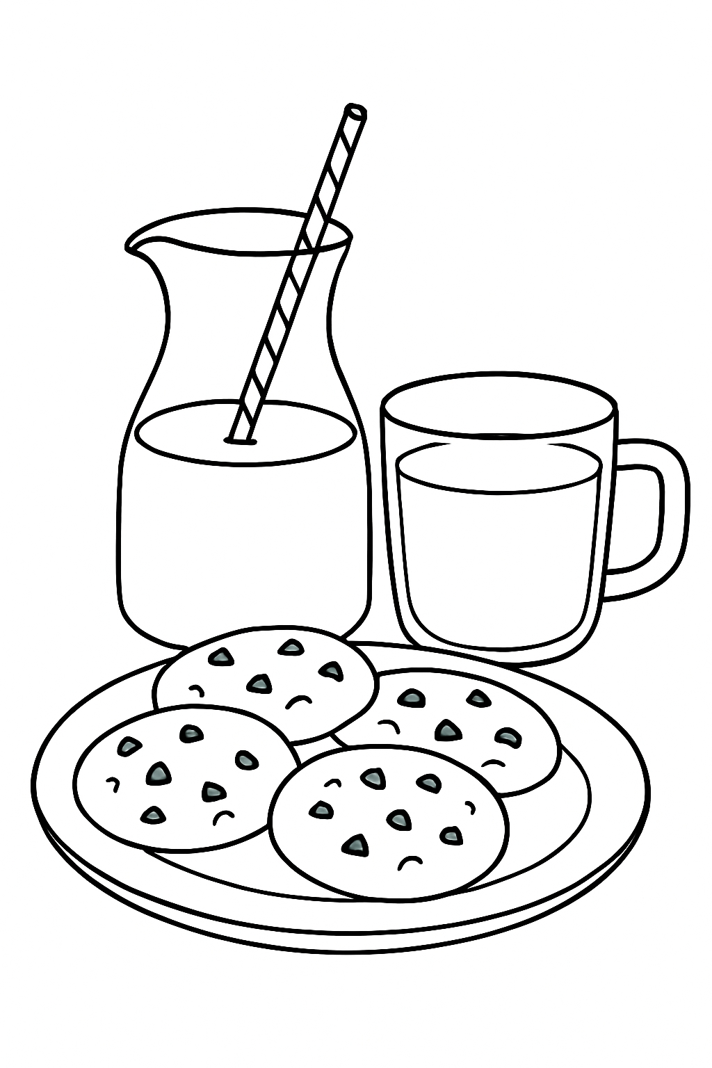Simple Black and White Breakfast Setup with Cookies and Milk Coloring Book Pages