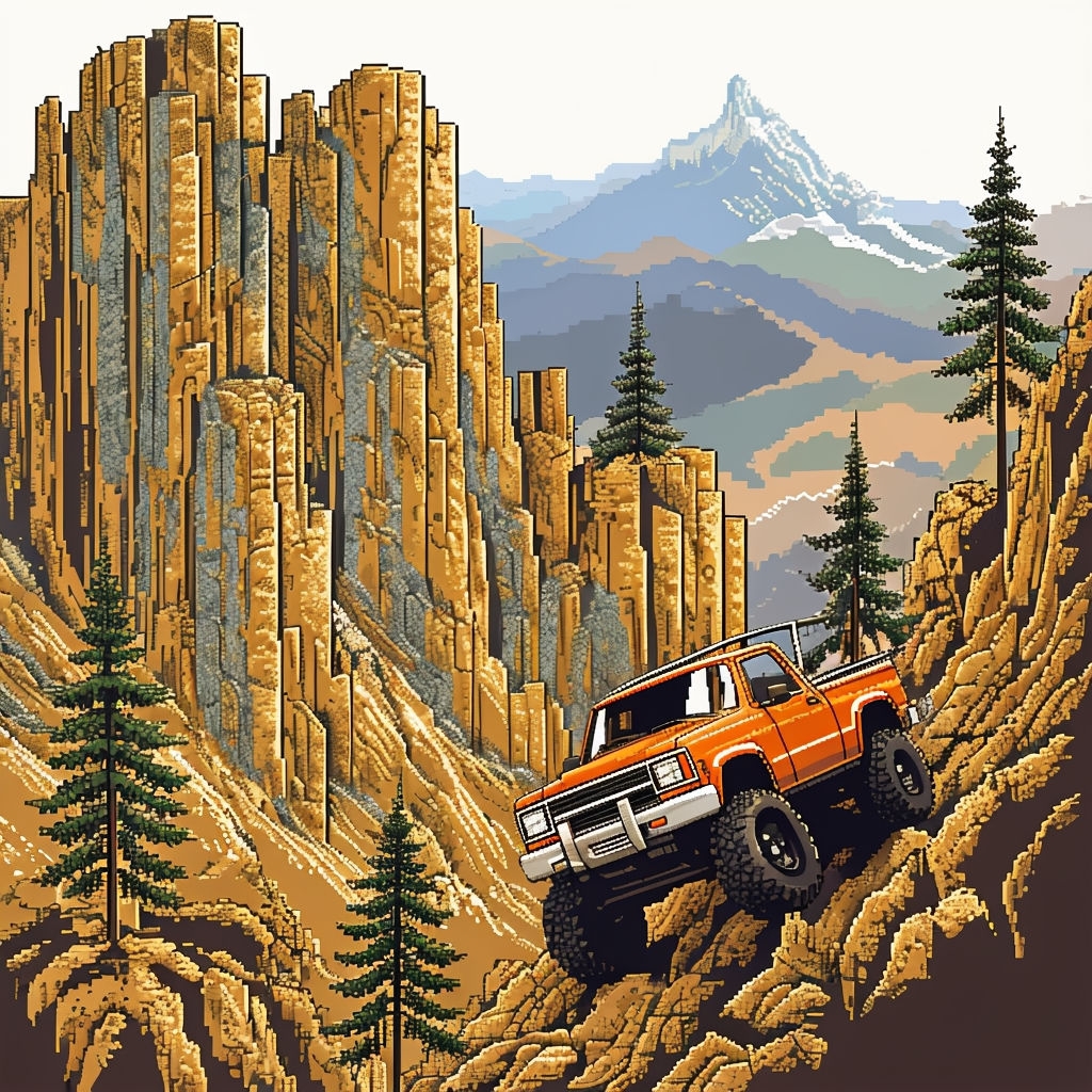 Retro 8-Bit Off-Road Adventure with Rugged Mountain Landscape Art