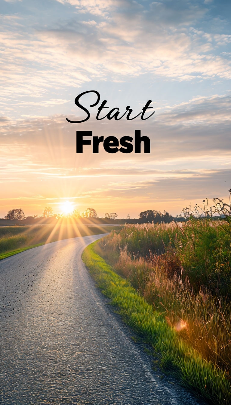 Serene Sunrise Landscape with Inspirational Start Fresh Message Mobile Wallpaper
