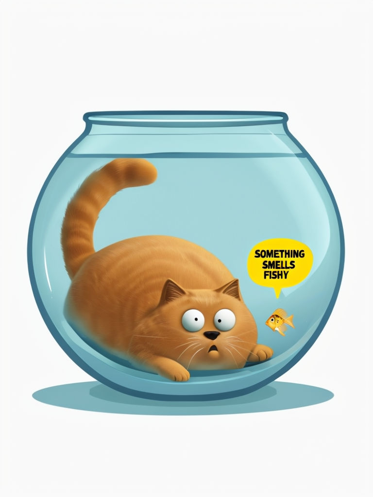 Humorous Cartoon Cat in Fishbowl with 'Something Smells Fishy' Speech Bubble Sticker