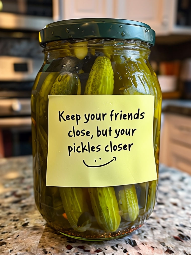 Playful Pickles Jar with Humorous Handwritten Note Sticker