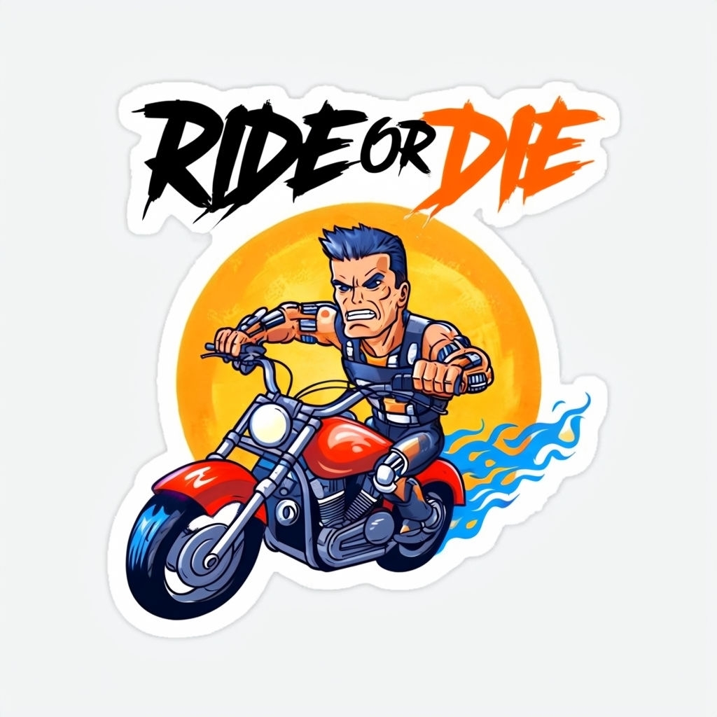 Playful Cartoon Terminator Motorcycle Ride or Die Sticker