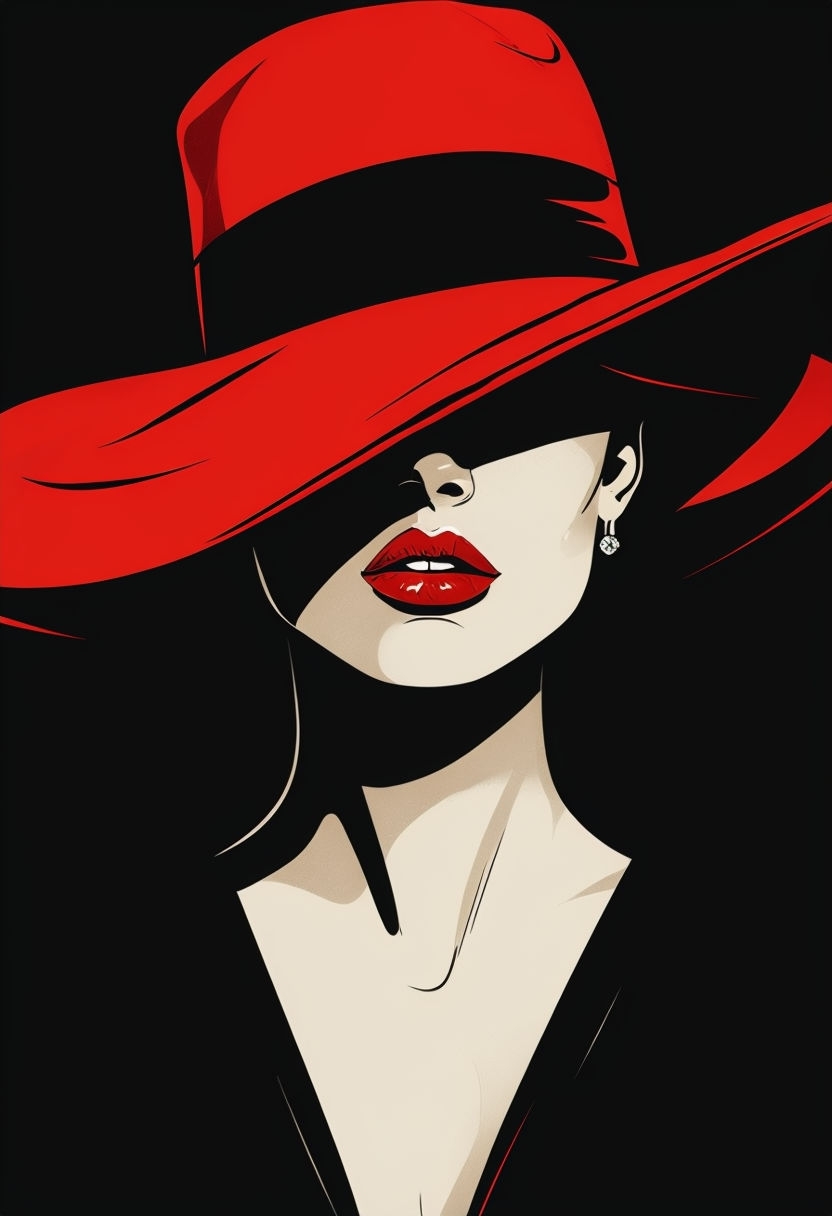 Minimalist Black and Red Woman's Face Hat Art Poster