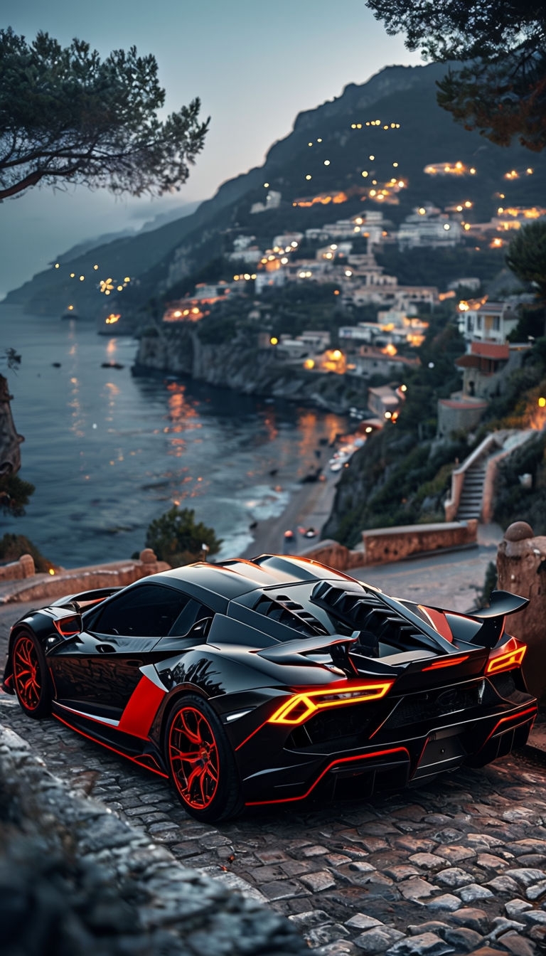 Sleek Black Sports Car with Red Accents in Twilight Scene Art