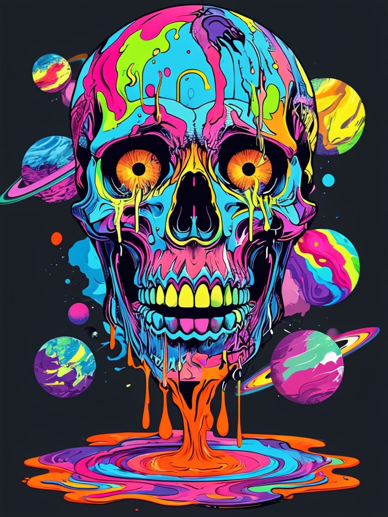 Psychedelic Neon Skull with Colorful Planets Art