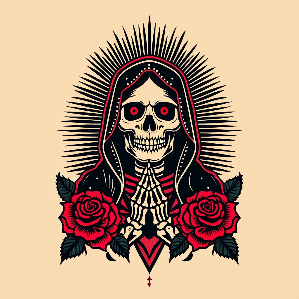 Skeletal Our Lady of Guadalupe Tattoo Art with Roses Design