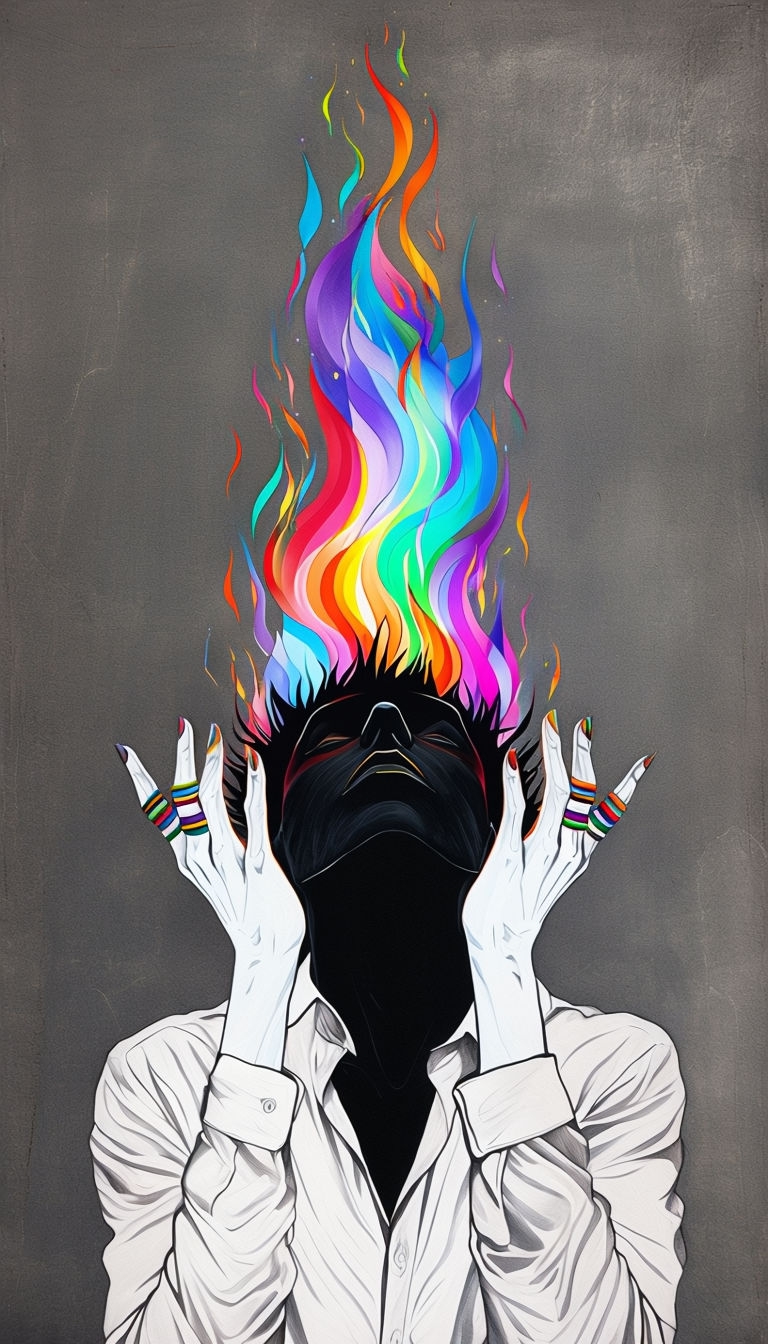 Surreal Dark Figure with Colorful Flames Mobile Wallpaper