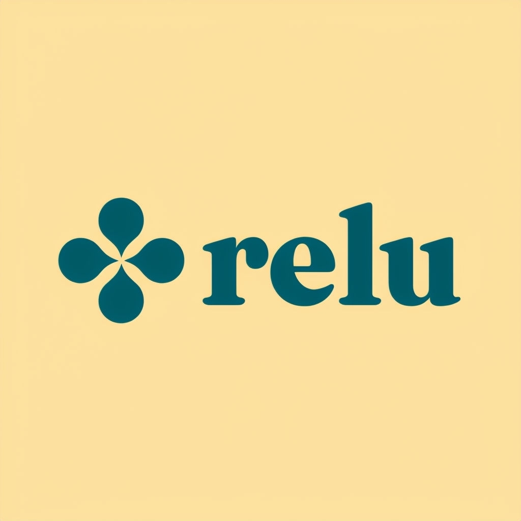Minimalistic Dark Teal Relu Logo on Light Beige Background Logo