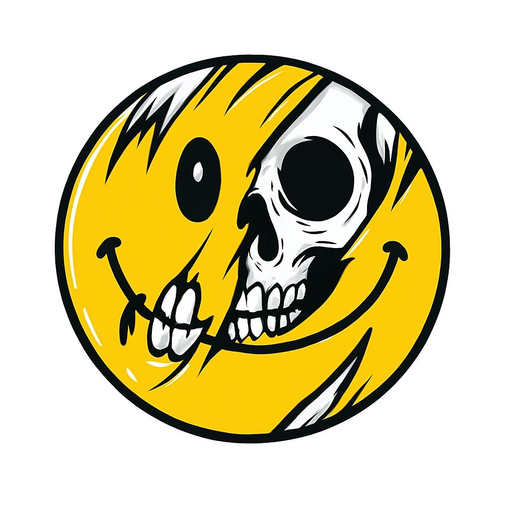 Contrasting Smiley Face and Skull Circular Sticker Design