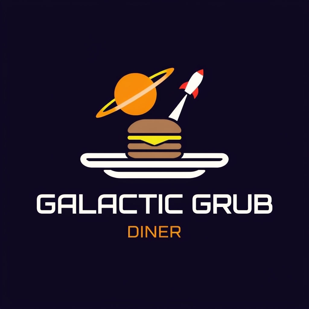 Futuristic Galactic Grub Diner Logo with Space-Themed Graphics