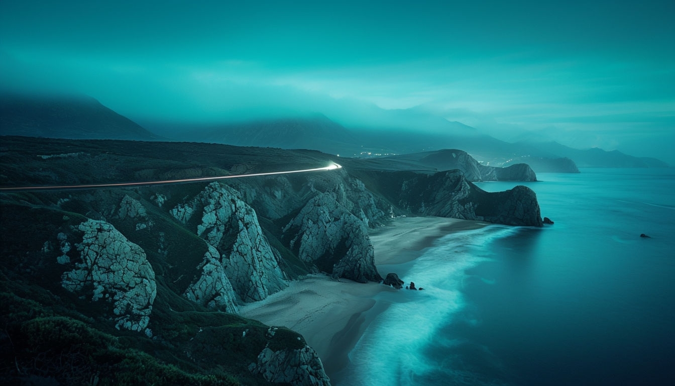 Dramatic Coastal Twilight Landscape with Cliffs and Beach Virtual Backgrounds