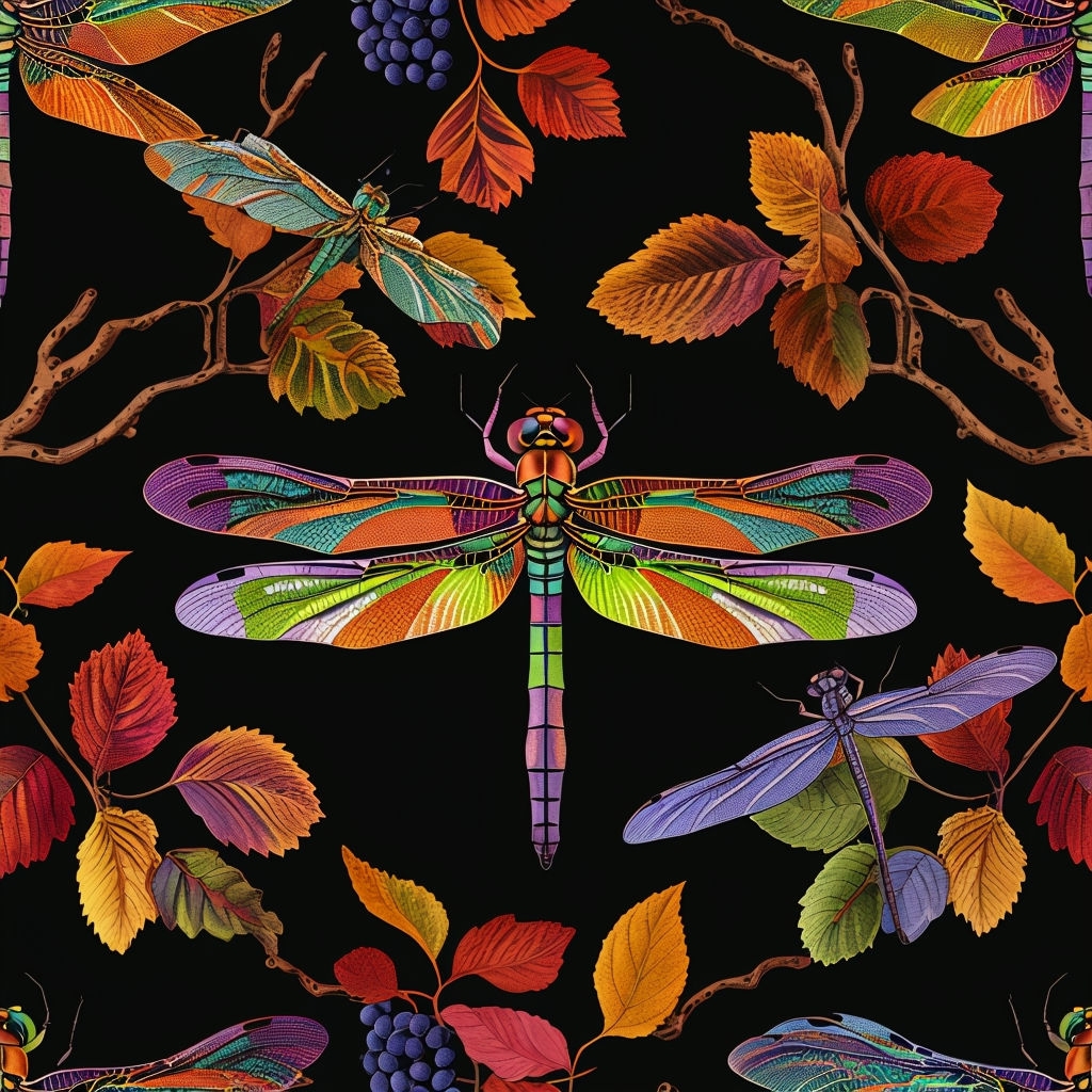 Vibrant Dragonflies and Botanicals Seamless Pattern Design