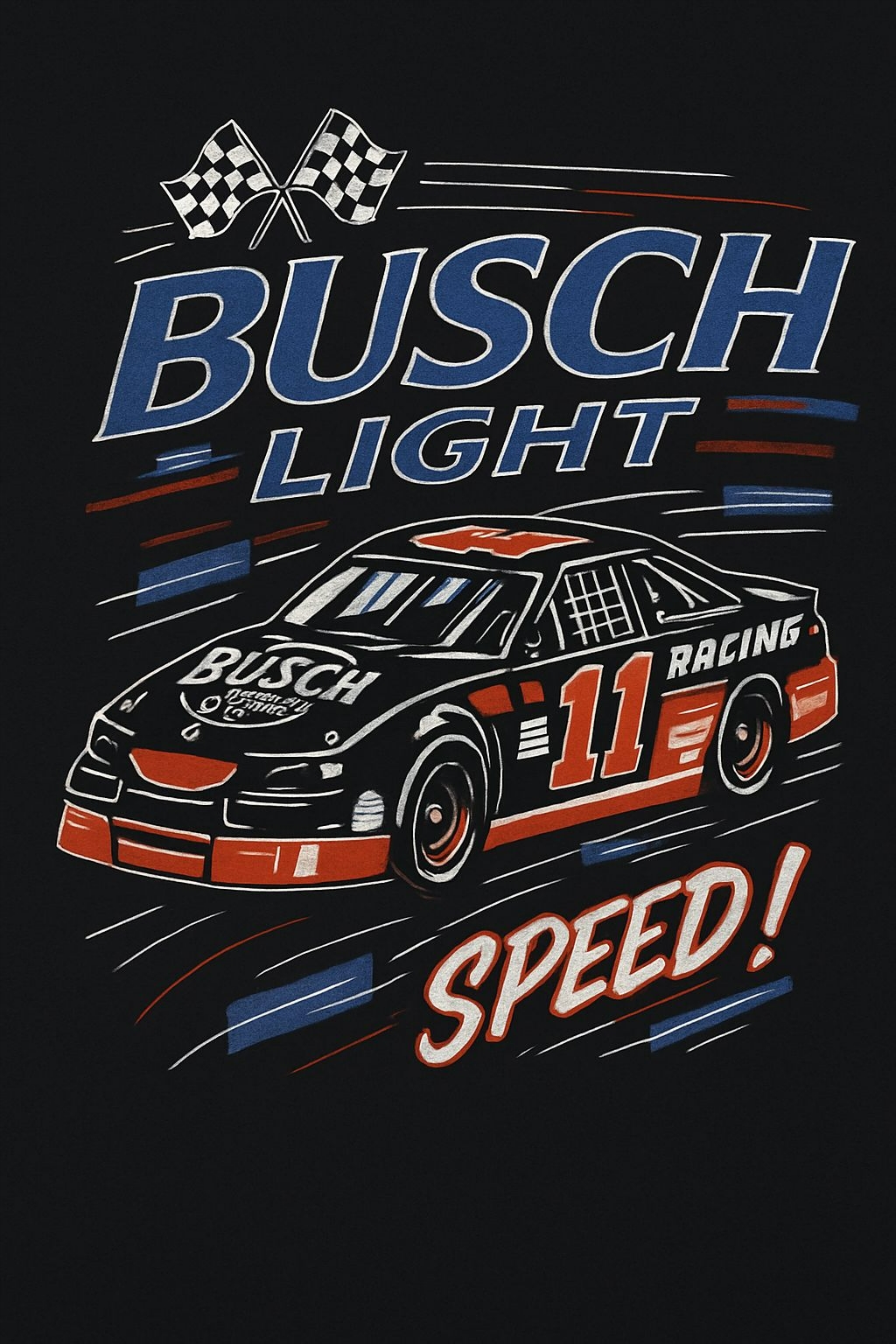 Dynamic Retro Race Car Illustration with Busch Light Branding T-Shirt