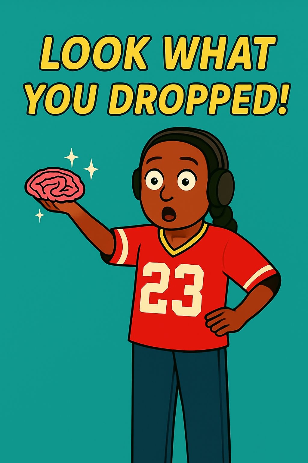 Surprised Character Holding Pink Brain with Text Look What You Dropped Poster