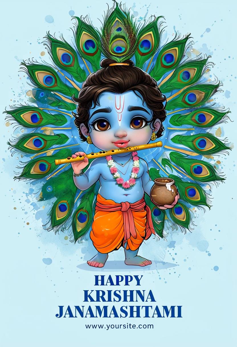 Vibrant Lord Krishna Illustration for Happy Janmashtami Celebration Social Media Post