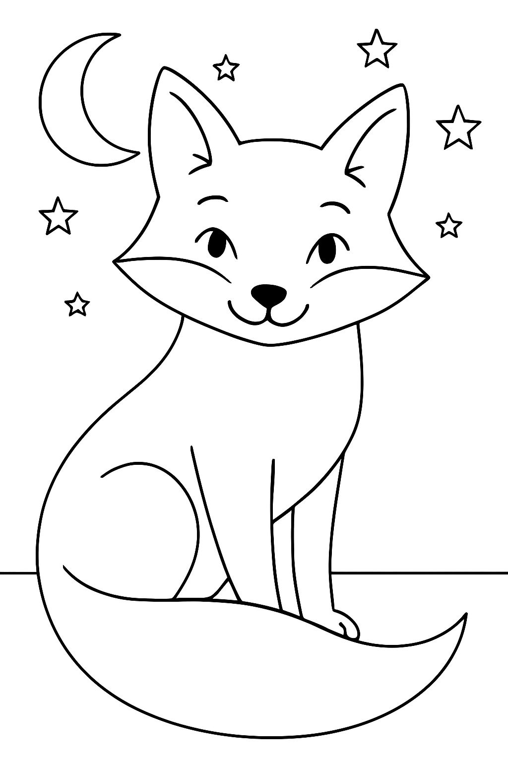 Adorable Cartoon Fox with Stars and Crescent Moon Coloring Page