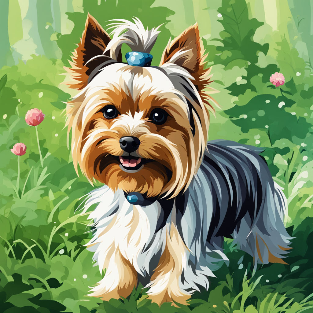 Prompt: Watercolor-style digital art of a Yorkshire Terrier with long hair and ponytails, joyfully running towards a ball in a nocturnal forest, surrounded by elements denoting the essence of spring, juxtaposition of conflicting themes with aforementioned features contrasting clean nature with the presence of smog, pollution, toxic waste, chimneys, and railroads, isometric perspective, volumetric smog effects, chimneys releasing chimney smoke