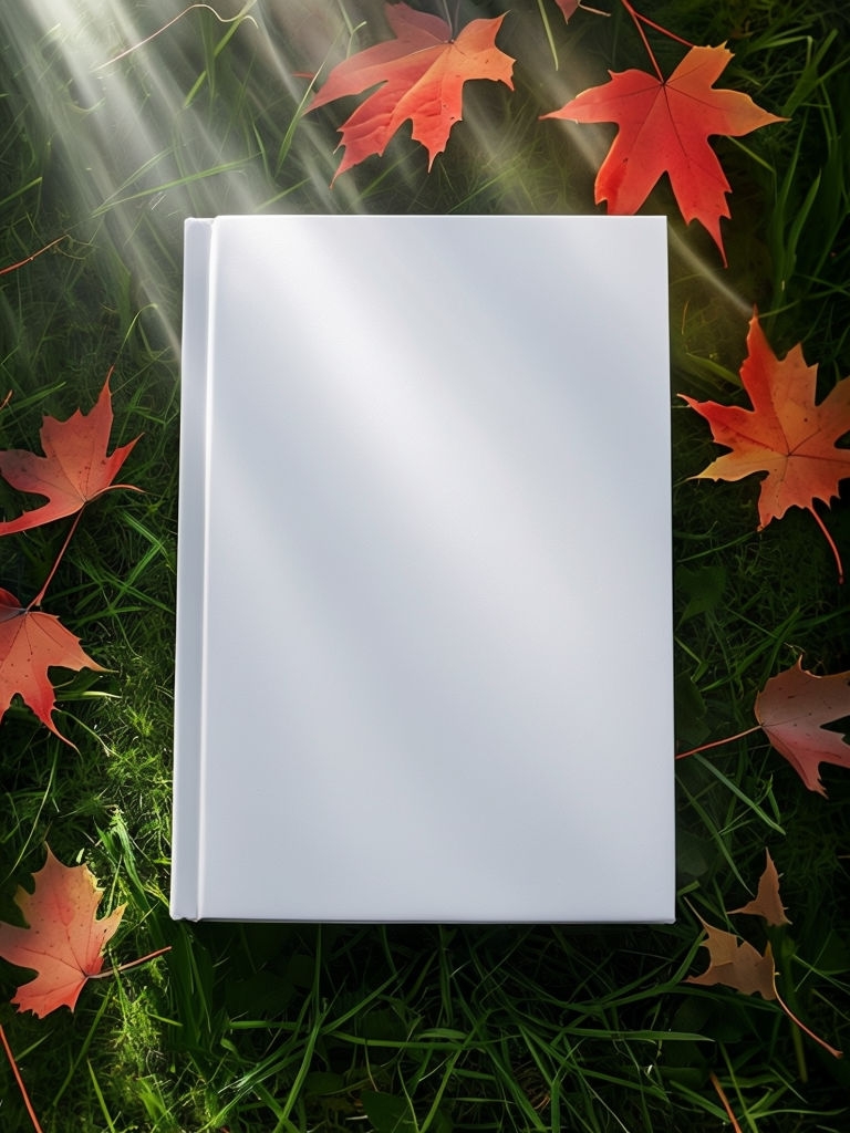 Elegant White Book on Grass with Autumn Leaves Mockup