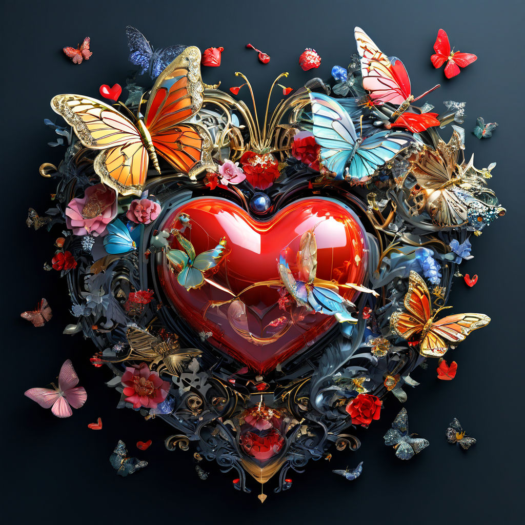 Prompt: 
</p>
<p>A complex and intricate 3D environment with multiple structures, a  many pastel color scheme, big red glass heart with   many color butterflies and dragonflies with floral ornaments against a black background, artistic,ultra realistic, generative art, incredible details, rich colors, high quality,simple design for a t-shirt, photo, typography, 3d render . art by kandinski, Lee Bogle, Alan Aldridge, Otto Piene,  Leonid Afremov. The image is an abstract piece with a swirling design . It has a tunnel-like structure with many twists and turns. ultrasharp. seamless pattern, sci-fi fantasy, 3d render, 16k