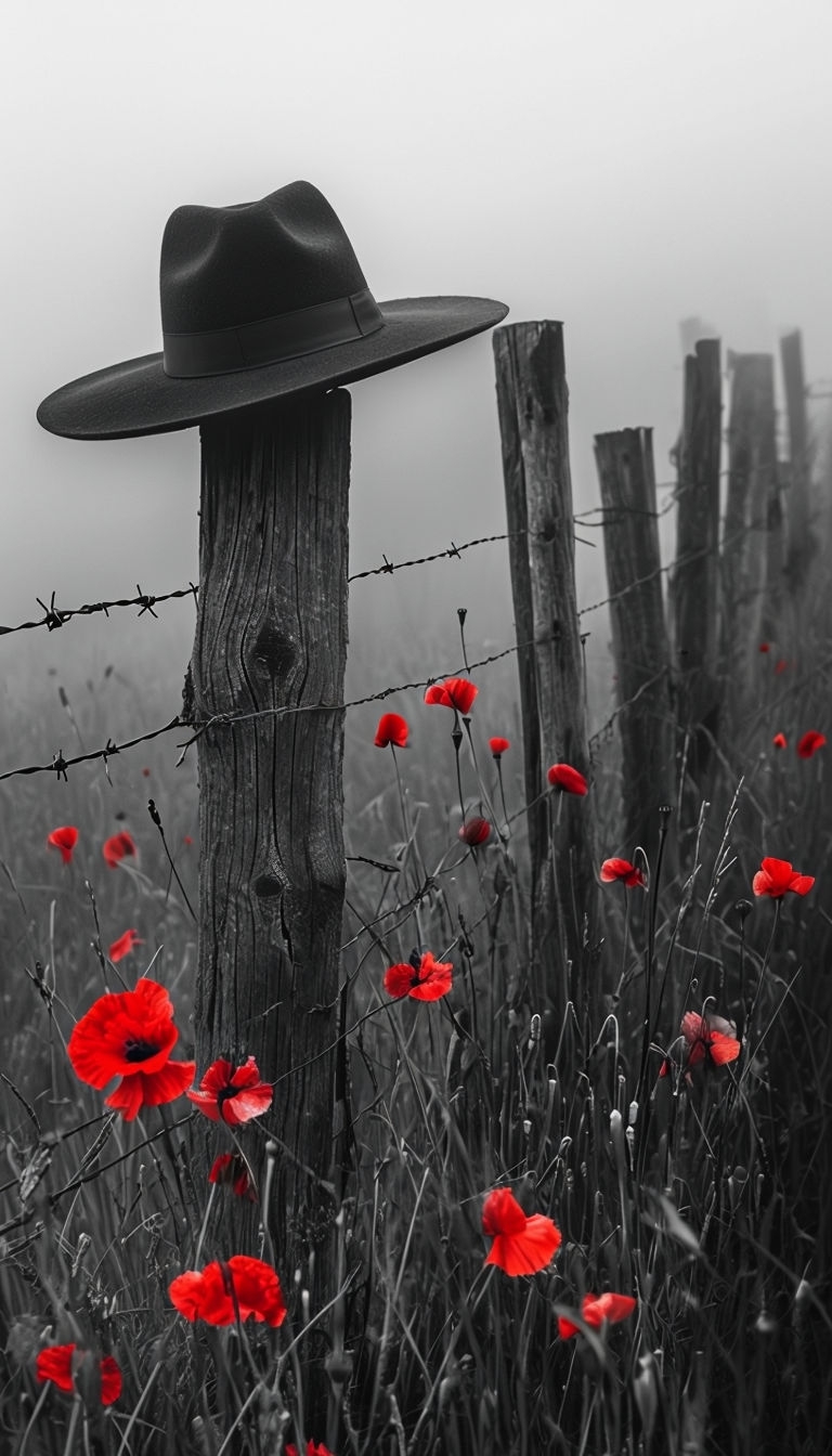 Eerie Grayscale Landscape with Vivid Red Flowers and Black Hat Mobile Wallpaper