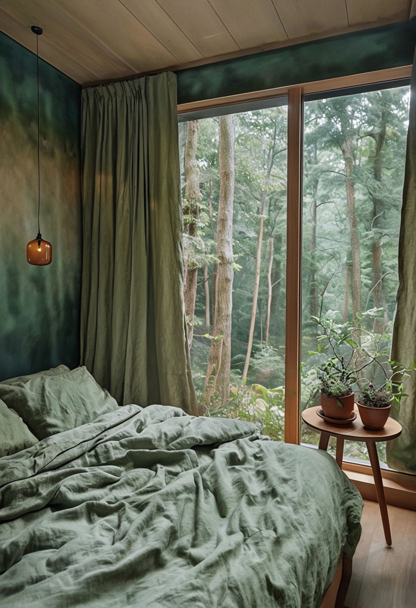 Serene Sage Green Bedroom with Natural Light and Plants Art