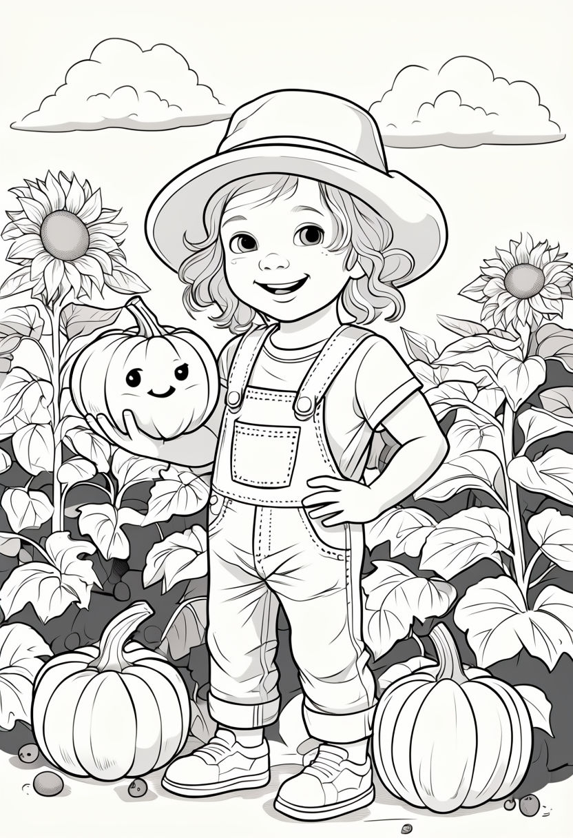 Child with Sunflowers in Pumpkin Patch Coloring Page