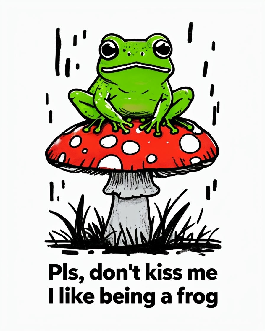 Whimsical Green Frog on Red Mushroom Illustration Poster